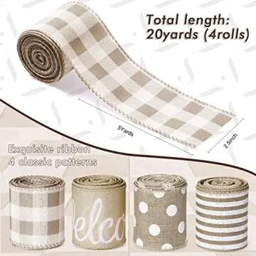20 Yards Farmhouse Ribbon Set - 4 Rolls Assorted Patterns for Gift Wrapping & Crafts