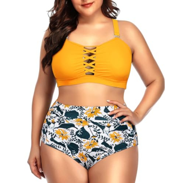 Plus Size Yellow Floral Bikini with Tummy Control & Lace-Up