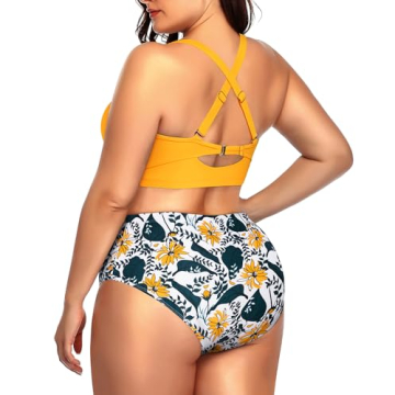 Plus Size Yellow Floral Bikini with Tummy Control & Lace-Up