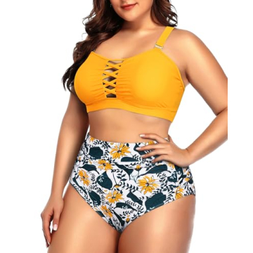 Plus Size Yellow Floral Bikini with Tummy Control & Lace-Up