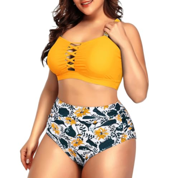 Plus Size Yellow Floral Bikini with Tummy Control & Lace-Up