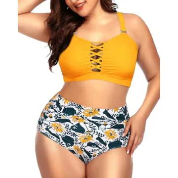 Plus Size Yellow Floral Bikini with Tummy Control & Lace-Up