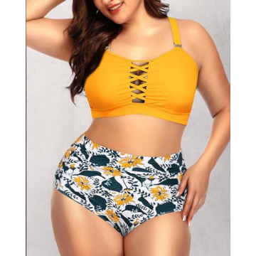 Plus Size Yellow Floral Bikini with Tummy Control & Lace-Up