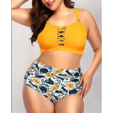 Plus Size Yellow Floral Bikini with Tummy Control & Lace-Up