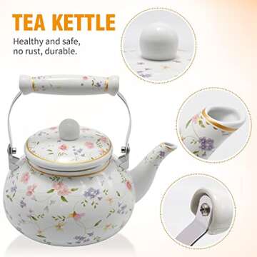 Saihisday Enamel Teakettle Floral Teapot for Stovetop, 2.5L Large Green Floral Tea Kettle with Ceram...