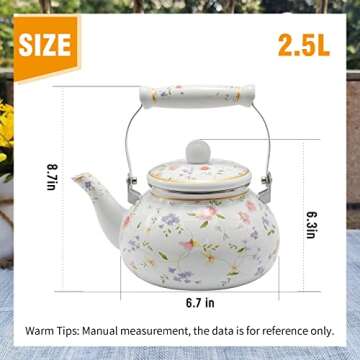 Saihisday Enamel Teakettle Floral Teapot for Stovetop, 2.5L Large Green Floral Tea Kettle with Ceramic Handel Turkish Style(Green Rose)