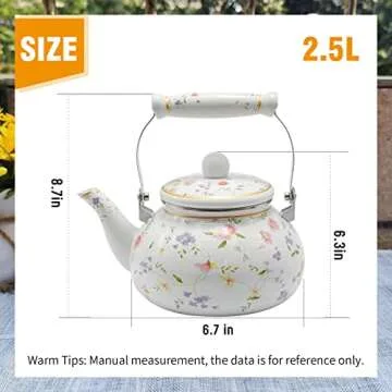 Saihisday Enamel Teakettle Floral Teapot for Stovetop, 2.5L Large Green Floral Tea Kettle with Ceramic Handel Turkish Style(Green Rose)