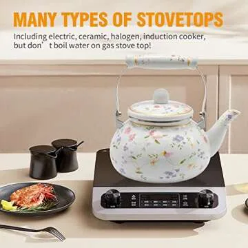 Saihisday Enamel Teakettle Floral Teapot for Stovetop, 2.5L Large Green Floral Tea Kettle with Ceramic Handel Turkish Style(Green Rose)