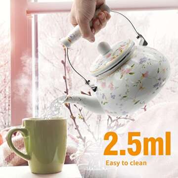 Saihisday Enamel Teakettle Floral Teapot for Stovetop, 2.5L Large Green Floral Tea Kettle with Ceramic Handel Turkish Style(Green Rose)
