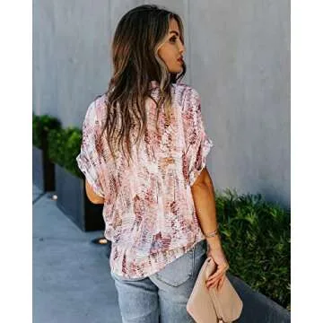 ANCAPELION Women’s Summer Chiffon Blouse Casual Short Sleeve V Neck Shirt Loose Printed Cuffed Sle...