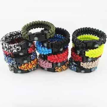 12pcs Pack Mix Colors 5/8" Compass Flint Scraper Fire Starter Whistle Buckle Plastic Paracord Bracelet Outdoor Camping Emergency Survival Travel Kits #FLC158-FWC(Mix-s)