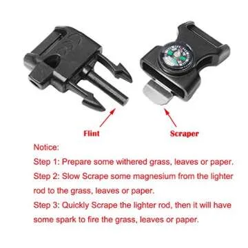 12pcs Pack Mix Colors 5/8" Compass Flint Scraper Fire Starter Whistle Buckle Plastic Paracord Bracelet Outdoor Camping Emergency Survival Travel Kits #FLC158-FWC(Mix-s)