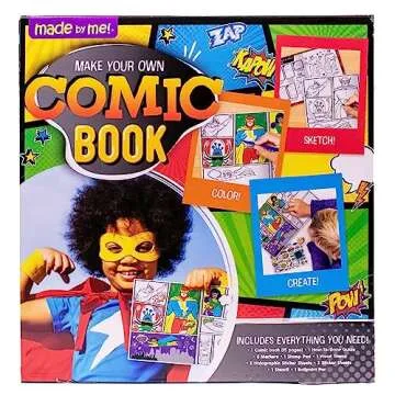 Made By Me Make Your Own Comic Book Storytelling Kit for Kids, 15-Page, Hardcover, How-to Draw Instructional Guide, Comic Inspired Stickers & Stamp, Holographic Stickers, 5 Vibrant Markers