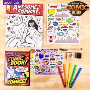 Made By Me Make Your Own Comic Book Storytelling Kit for Kids, 15-Page, Hardcover, How-to Draw Instructional Guide, Comic Inspired Stickers & Stamp, Holographic Stickers, 5 Vibrant Markers