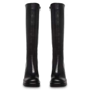 SOVANYOU Black Leather Boots Platform Boots for Women Square Toe Chunky Block Heeled Boots