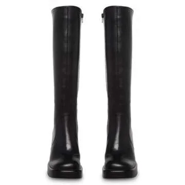 SOVANYOU Black Leather Boots Platform Boots for Women Square Toe Chunky Block Heeled Boots