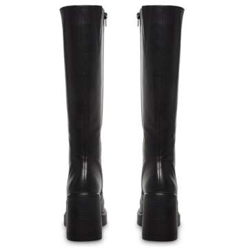 SOVANYOU Black Leather Boots Platform Boots for Women Square Toe Chunky Block Heeled Boots