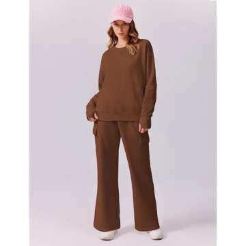 PINSPARK Two Piece Sweatsuit Sets for Women 2024 Fall Oversized Tracksuits Matching Set Cozy Lounge Set Fleece Sweatshirt Thumbholes Cargo Sweatpants with Pockets, Brown XL