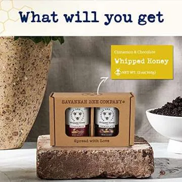 Whipped Honey Gift Set by Savannah Bee - Creamy, Smooth, Spreadable and absolutely Delicious - 100% Natural and Pure Honey - 12 Oz (Cinnamon and Chocolate)