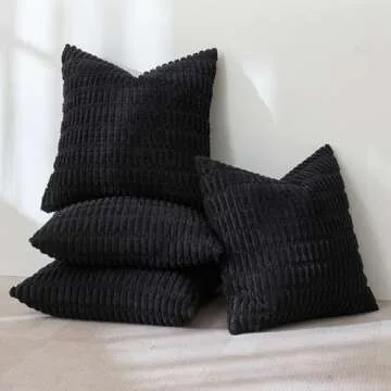 MIULEE Pack of 4 Corduroy Decorative Throw Pillow Covers 18x18 Inch Soft Boho Striped Pillow Covers Modern Farmhouse Home Decor for Sofa Living Room Couch Bed Black