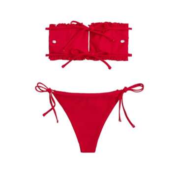 Floerns Women's Tie Back Ruched Bandeau with Cheeky Thong Bikini Bathing Suit A B Red S