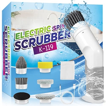 Handheld Electric Spin Scrubber with 5 Replaceable Brush Heads & Drawstring Pocket, Cordless Electri...