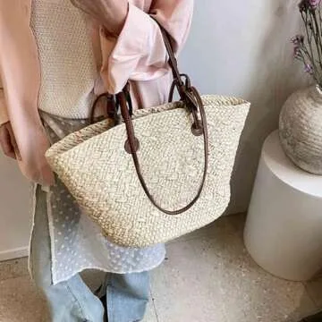 Leather-Trimmed Woven Tote，Straw Bag Straw Bag Large Capacity Bag Hand-Woven Tote Bag Beach Women'S Bag (White)