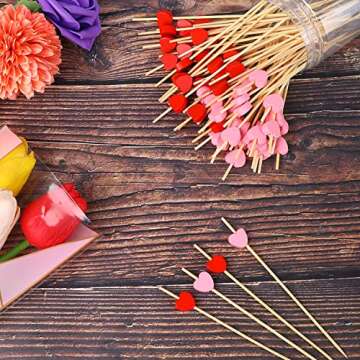 FOIMAS 200pcs Heart Cocktail Picks,Red Pink Heart Shaped Bamboo Toothpicks for Appetizers Fruit Food Cake Valentine's Day Party Wedding Decoration