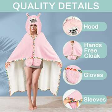 Llama Wearable Hooded Blanket for Adults – Super Soft Warm Cozy Plush Flannel Fleece & Sherpa Hoodie Throw Cloak Wrap - Llama Gifts for Women Adults Girls and Kids