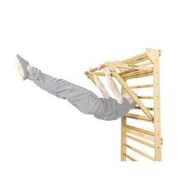 Stall Bar Training Tower: Swedish Ladder with Adjustable Pull-Up Dip Bar Attachment (1.5" Round, Beech Rungs)