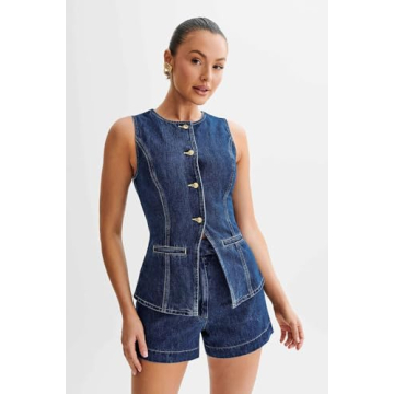 Women’s Denim Long Vest Waistcoat Vest Sleeveless Button-Up Back Slit Jean Jacket Vest Y2k Clothes (Blue, L)