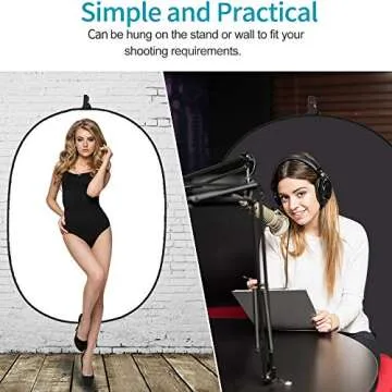 5X3.3 ft (1.5mX1m) 2 in 1 Polyester Muslin Black White Collapsible Reflector Backgrounds Portable Collapsible Reversible Photography Backdrop with Carrying Bag
