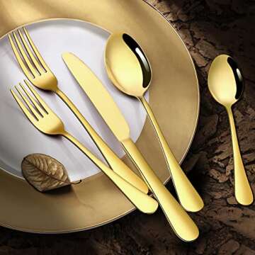 Gold Silverware Set for 8, OGORI 45-Piece Stainless Steel Flatware Set with Serving Set, Mirror Poli...