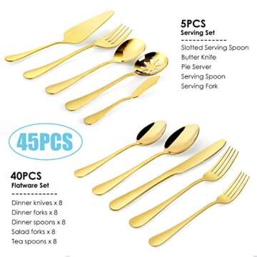 Gold Silverware Set for 8, OGORI 45-Piece Stainless Steel Flatware Set with Serving Set, Mirror Polished Cutlery Set with Serving Utensils Spoon for Kitchen Party Supply