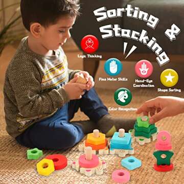 FLYINGSEEDS Wooden Stacking Toys for Toddler 2 3 4 Year Old, Shape Sorter Montessori Educational Puzzle Blocks Toys, Best Gifts for Girls Boys Early Preschool Learning