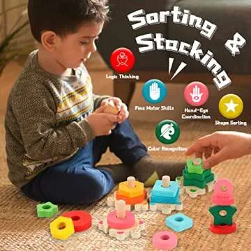 FLYINGSEEDS Wooden Stacking Toys for Toddler 2 3 4 Year Old, Shape Sorter Montessori Educational Puzzle Blocks Toys, Best Gifts for Girls Boys Early Preschool Learning
