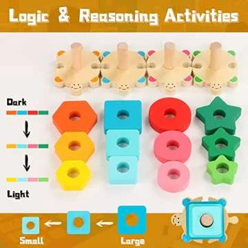 FLYINGSEEDS Wooden Stacking Toys for Toddler 2 3 4 Year Old, Shape Sorter Montessori Educational Puzzle Blocks Toys, Best Gifts for Girls Boys Early Preschool Learning