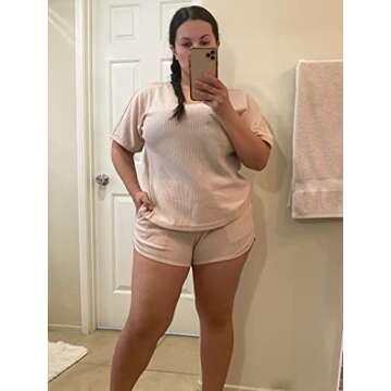 Ekouaer Womens Waffle Knit Pajama Set Short Sleeve Top and Pant with Pockets Casual Loungewear 2 Piece Outfits