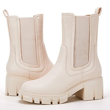 TINSTREE Mid Chunky Boots for Women, Ladies Platform Chelsea Boots for Women Mid Calf Booties with Chunky Block Heels Chic Boutique White,09
