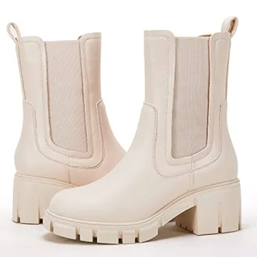 TINSTREE Mid Chunky Boots for Women, Ladies Platform Chelsea Boots for Women Mid Calf Booties with Chunky Block Heels Chic Boutique White,09