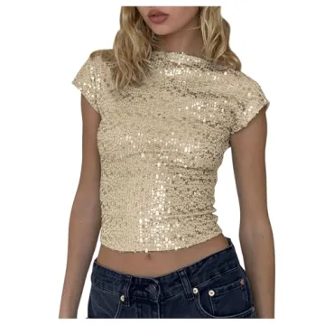 SHENHE Women's Sparkly Sequin Top Backless Glitter Cap Sleeve Crop Top Shirt Rave Club Top Apricot X...