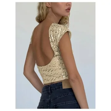SHENHE Women's Sparkly Sequin Backless Crop Top