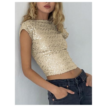 SHENHE Women's Sparkly Sequin Backless Crop Top