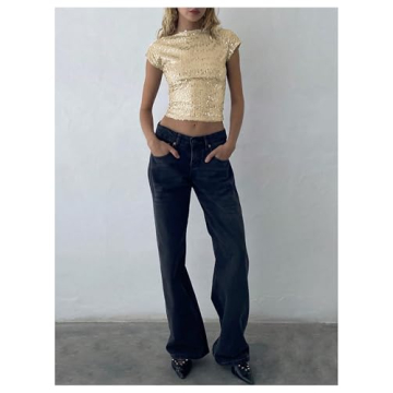 SHENHE Women's Sparkly Sequin Backless Crop Top