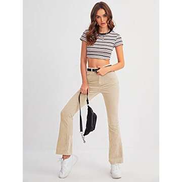 Floerns Women's Elegant High Waist Flare Leg Zipper Fly Corduroy Trouser Pants Beige S