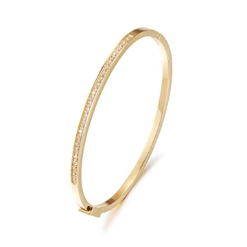 WISTIC Gold CZ Thin Bangle Bracelet - Stainless Steel Charm Cuff Jewelry for Ladies