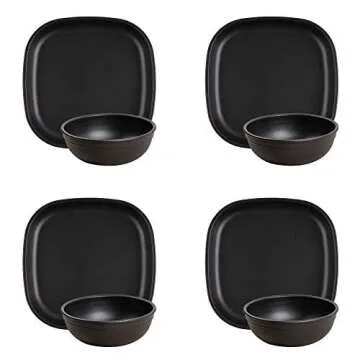 Re-Play Made in USA Set of 4 Flat Toddler Plates and 4 Bowls - Reusable 9" Kids Plates and 20 Oz. Toddler Bowl Set, Microwave and Dishwasher Safe - Toddler Plates and Bowls Set, Black