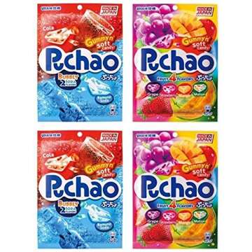 Puchao Gummy n' Soft Candy, Cola, Ramune Soda, and 4 Fruits Flavors, 3.53 Ounces, Pack of 4