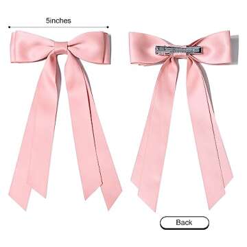 2PCS Silky Satin Hair Bows Hair Clip Pink White Hair Ribbon Ponytail Holder Accessories Slides Metal Clips Hair Bow for Women Girls Toddlers Teens Kids