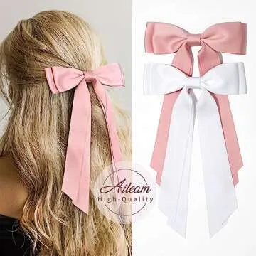 2PCS Silky Satin Hair Bows Hair Clip Pink White Hair Ribbon Ponytail Holder Accessories Slides Metal Clips Hair Bow for Women Girls Toddlers Teens Kids